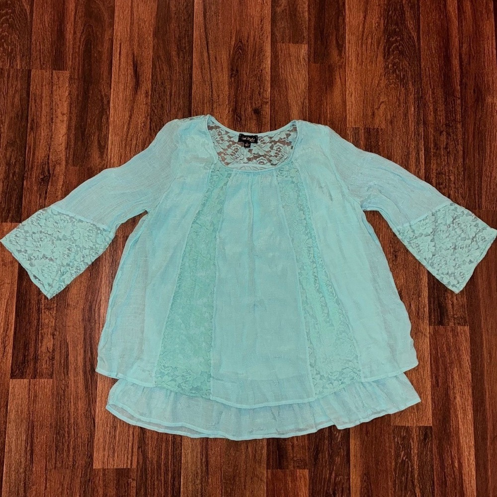 Cal Style USA Aqua Blue Lace Trim Tunic Top Bell Sleeve Boho Layered Large